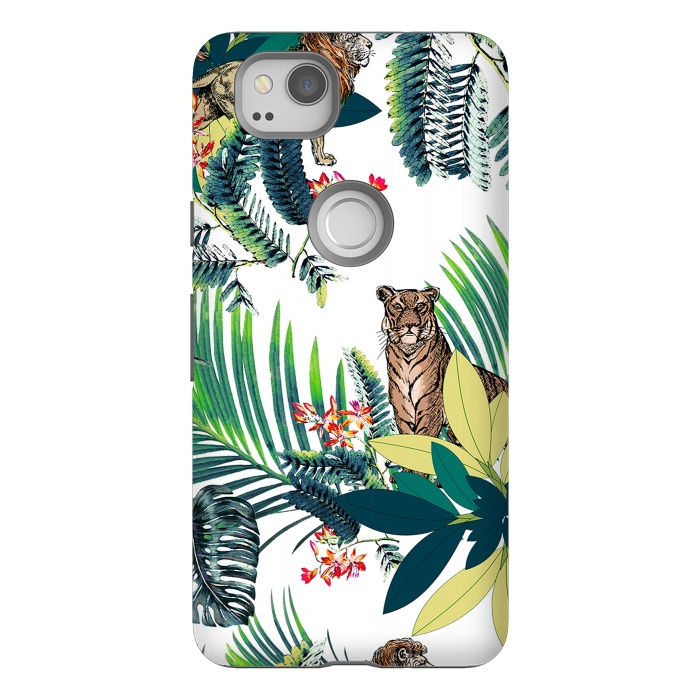 Pixel 2 StrongFit Tiger and tropical jungle leaves and flowers by Oana 