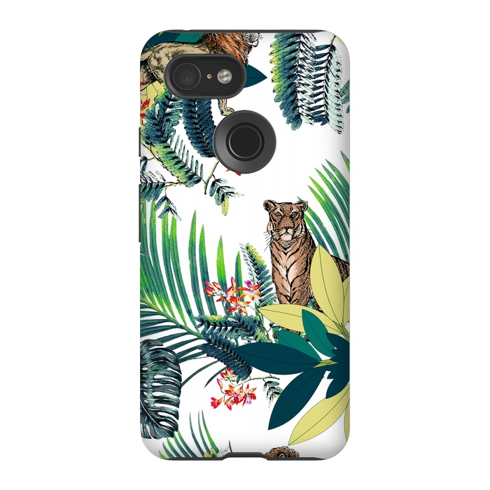 Pixel 3 StrongFit Tiger and tropical jungle leaves and flowers by Oana 