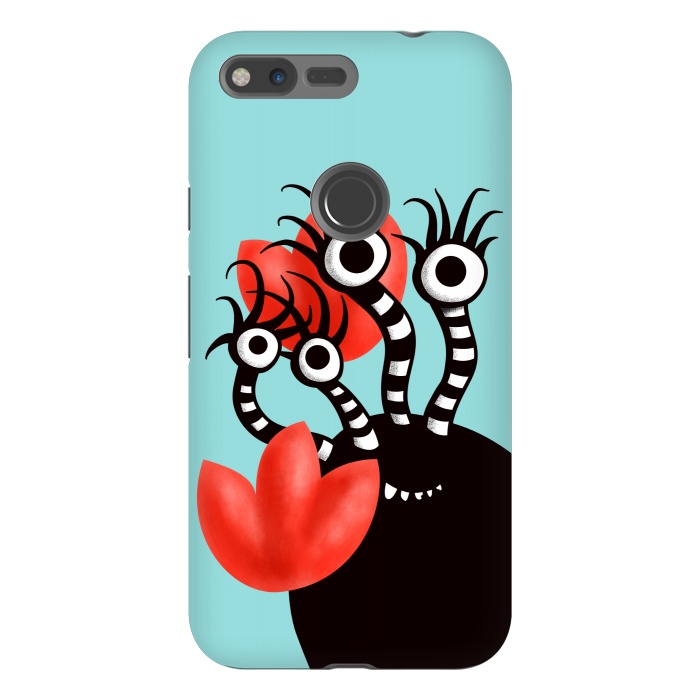 Pixel XL StrongFit Cute Monster With Four Eyes And Abstract Tulips by Boriana Giormova