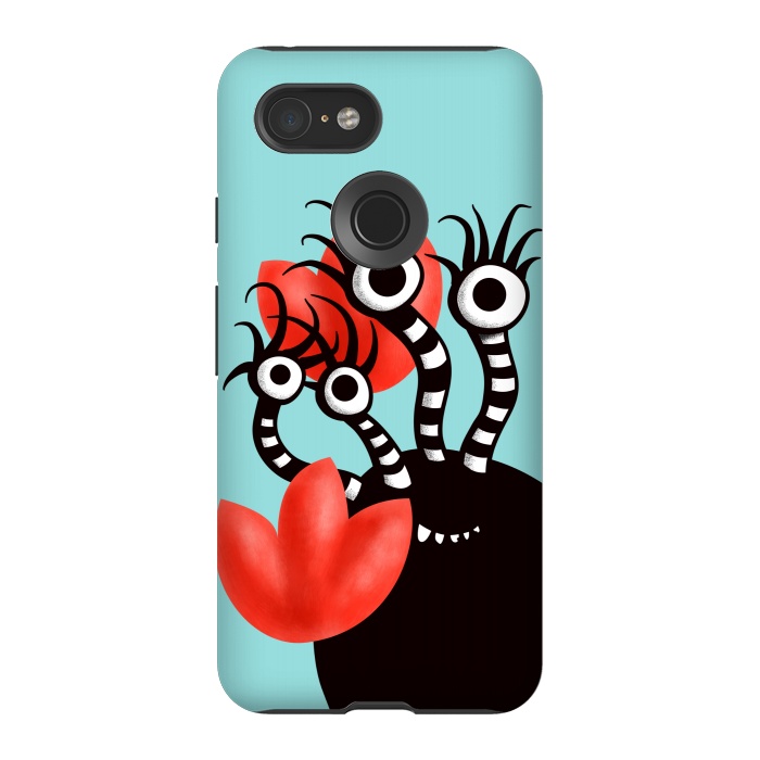 Pixel 3 StrongFit Cute Monster With Four Eyes And Abstract Tulips by Boriana Giormova