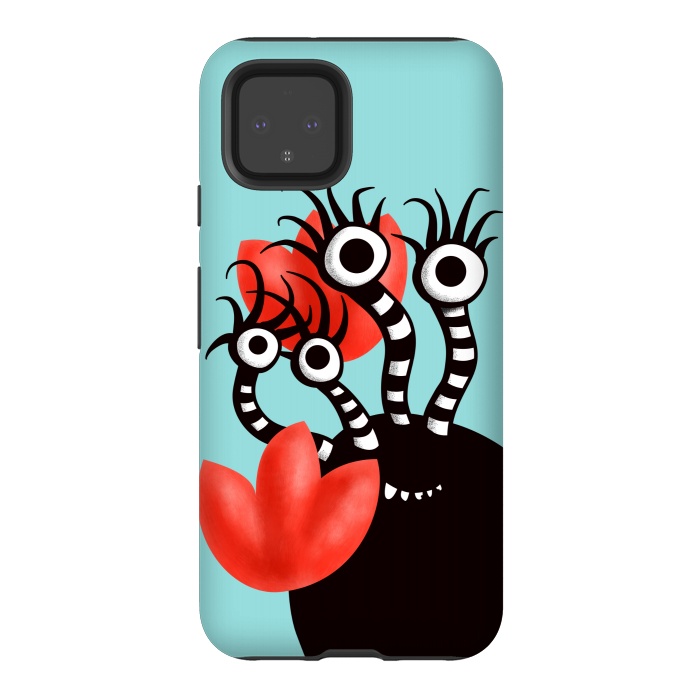 Pixel 4 StrongFit Cute Monster With Four Eyes And Abstract Tulips by Boriana Giormova