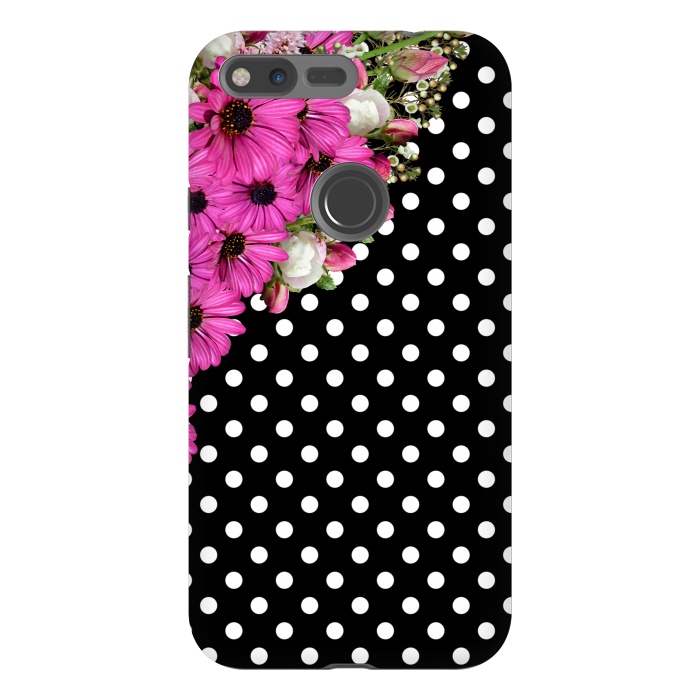 Pixel XL StrongFit Black and White Polka Dots and Pink Flowers by Alemi