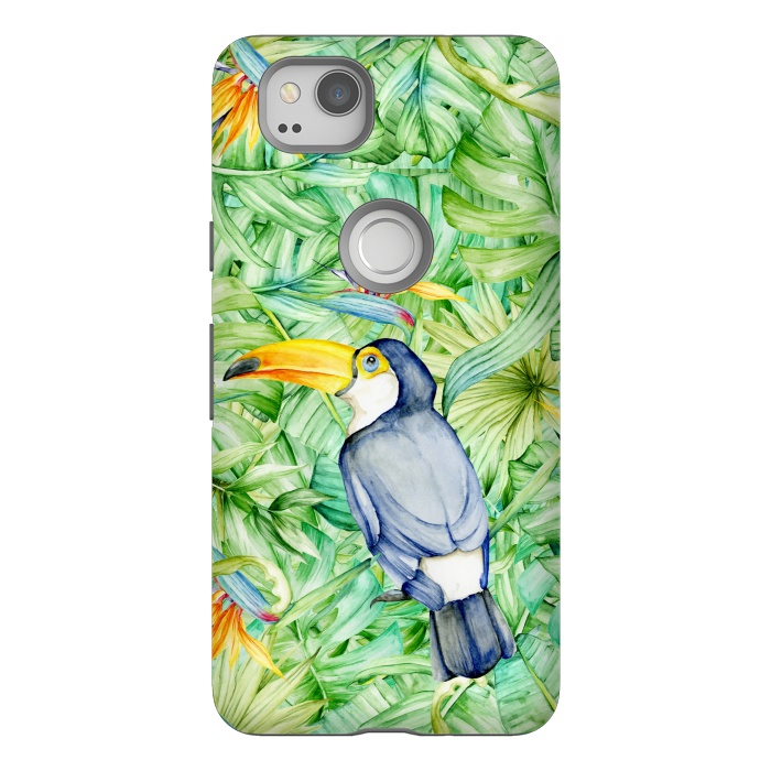 Pixel 2 StrongFit Toucan Tropical Leaves Watercolor by Alemi