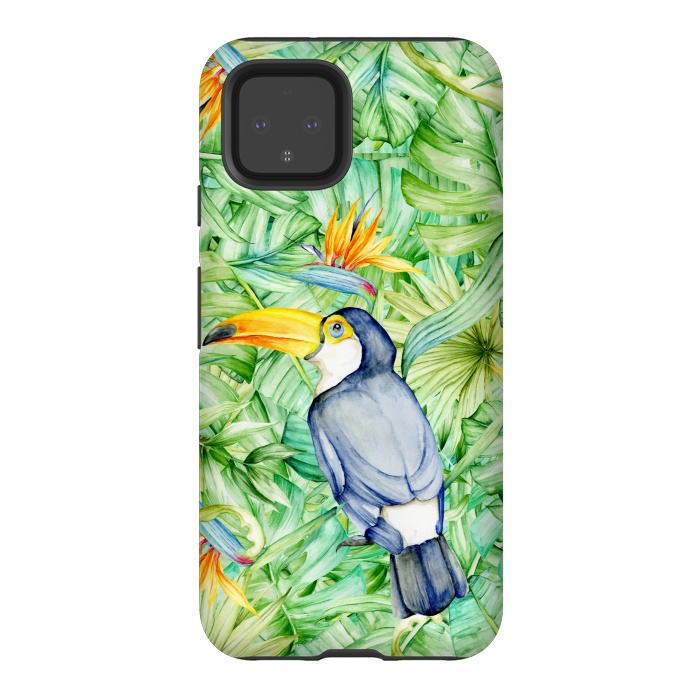 Pixel 4 StrongFit Toucan Tropical Leaves Watercolor by Alemi