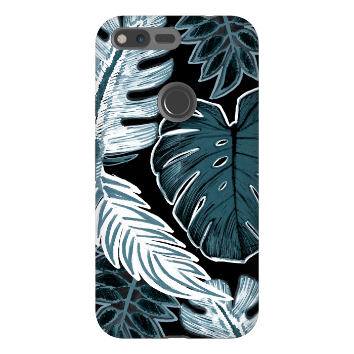 Pixel XL StrongFit Green white tropical leaves hand sketch by Oana 