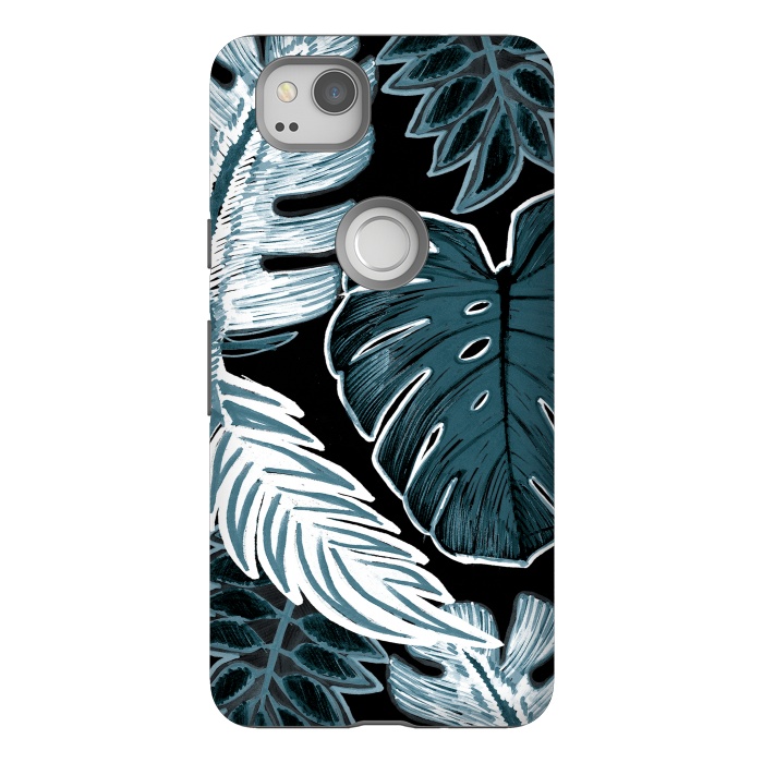 Pixel 2 StrongFit Green white tropical leaves hand sketch by Oana 