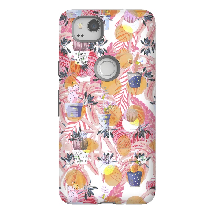 Pixel 2 StrongFit Cute cacti pots and pink tropical foliage by Oana 