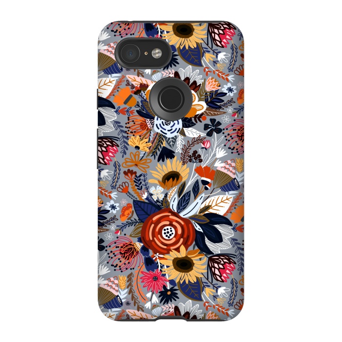 Pixel 3 StrongFit Popping Floral - Orange and Navy  by Tigatiga