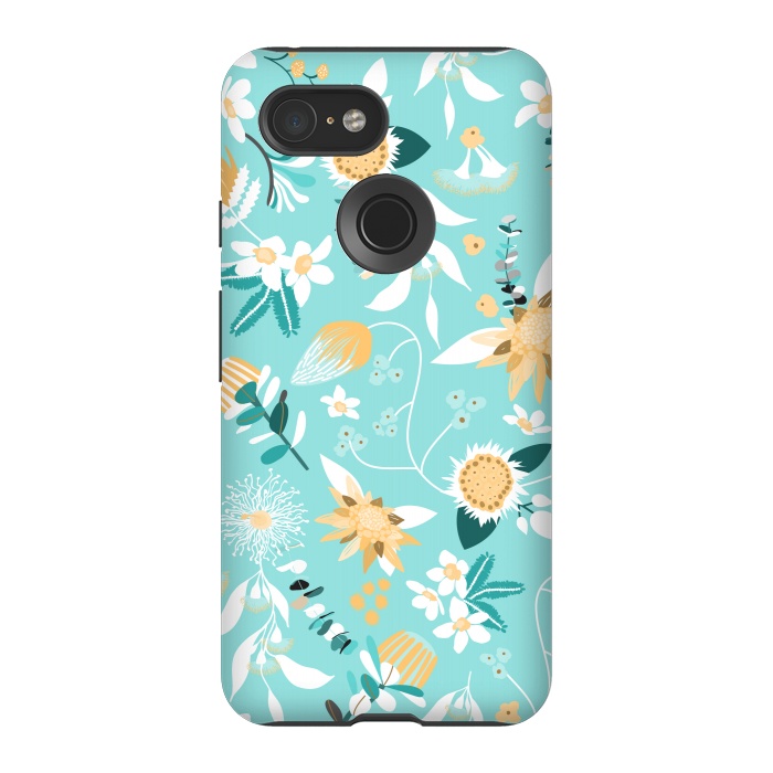 Pixel 3 StrongFit Stylized Australian Florals in Blue and Yellow by Paula Ohreen