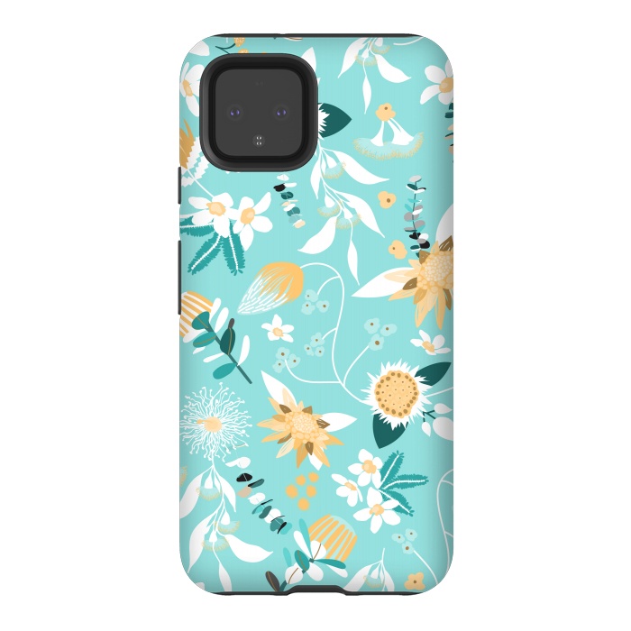Pixel 4 StrongFit Stylized Australian Florals in Blue and Yellow by Paula Ohreen