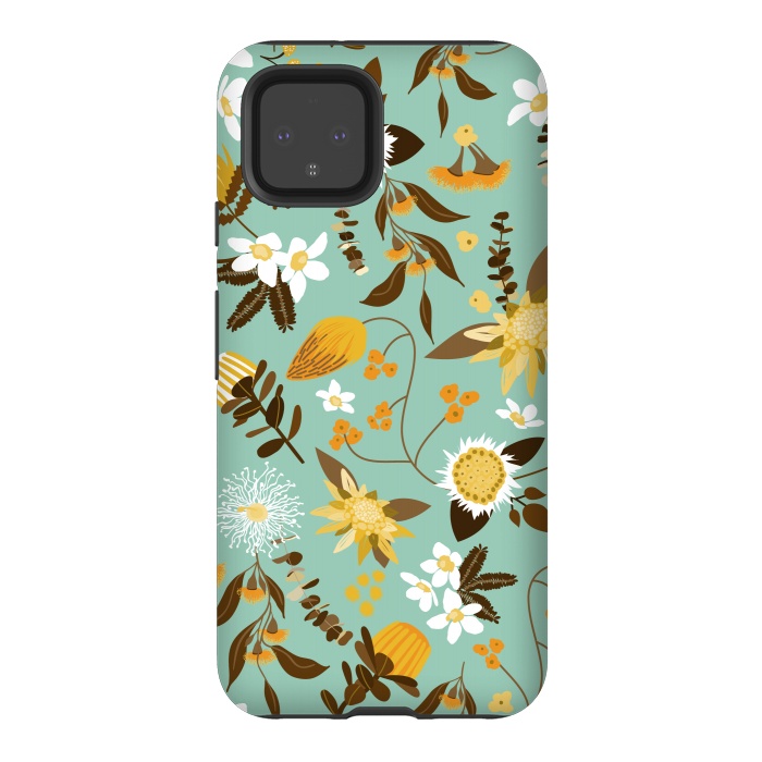 Pixel 4 StrongFit Stylized Australian Florals in Teal and Mustard by Paula Ohreen