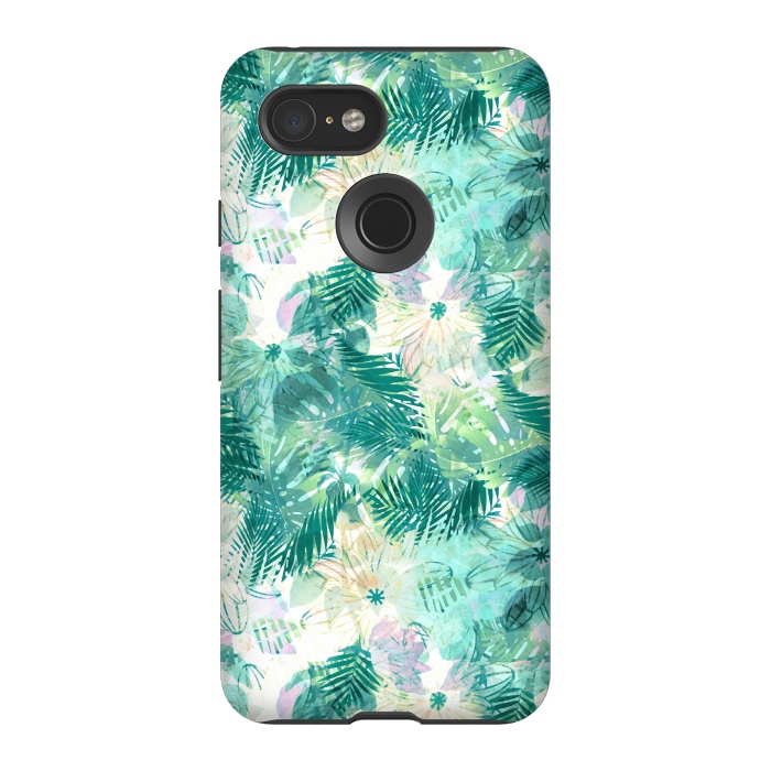 Pixel 3 StrongFit Tropical leaves and white watercolor flowers by Oana 