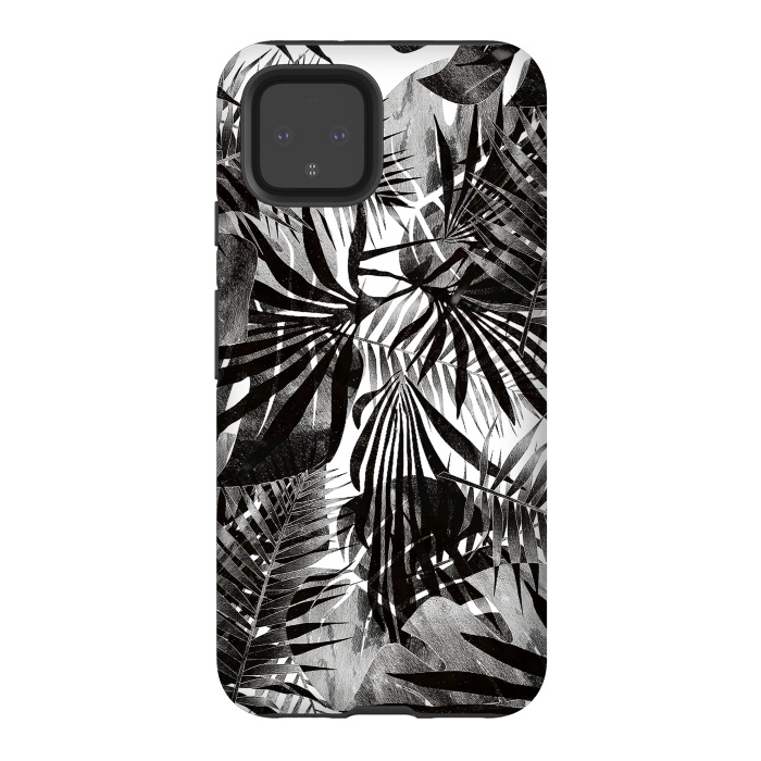Pixel 4 StrongFit Silver black metallic tropical leaves by Oana 