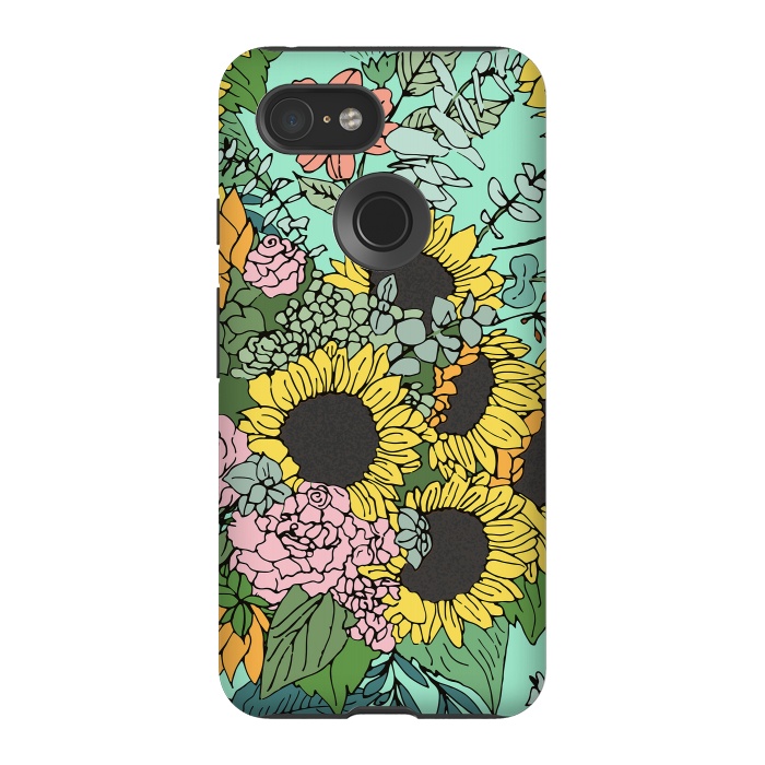 Pixel 3 StrongFit Trendy yellow sunflowers and pink roses mint design by InovArts