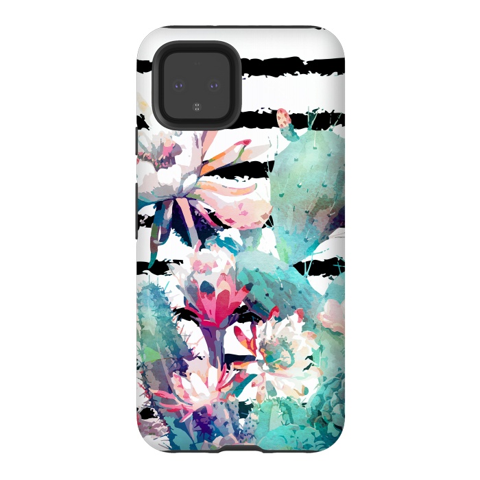 Pixel 4 StrongFit Pretty watercolor cactus floral and stripes design by InovArts