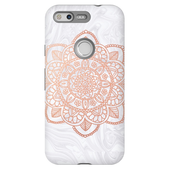 Pixel StrongFit Rose Gold Mandala on White Marble by Julie Erin Designs