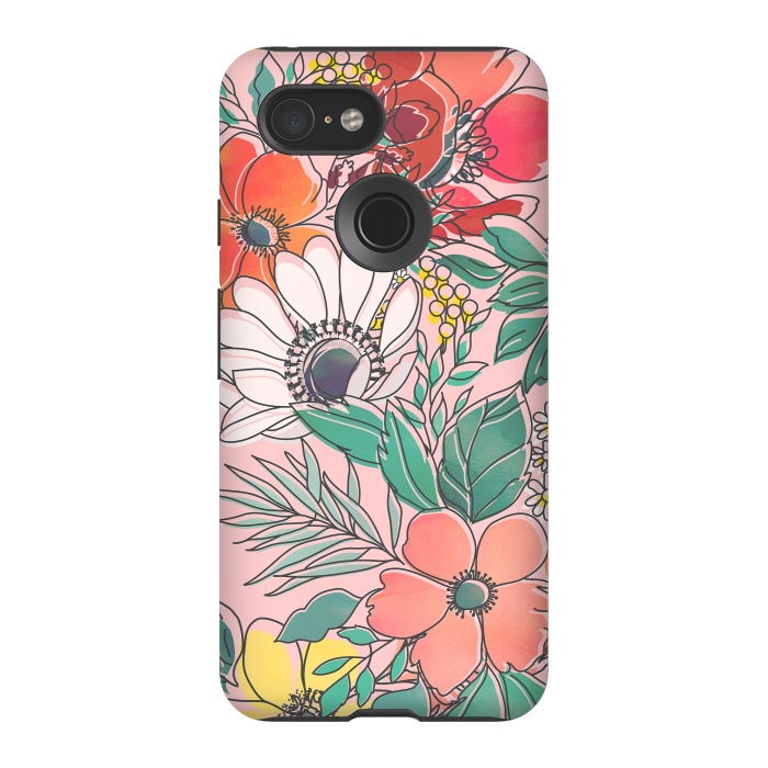 Pixel 3 StrongFit Cute girly pink floral hand drawn design by InovArts