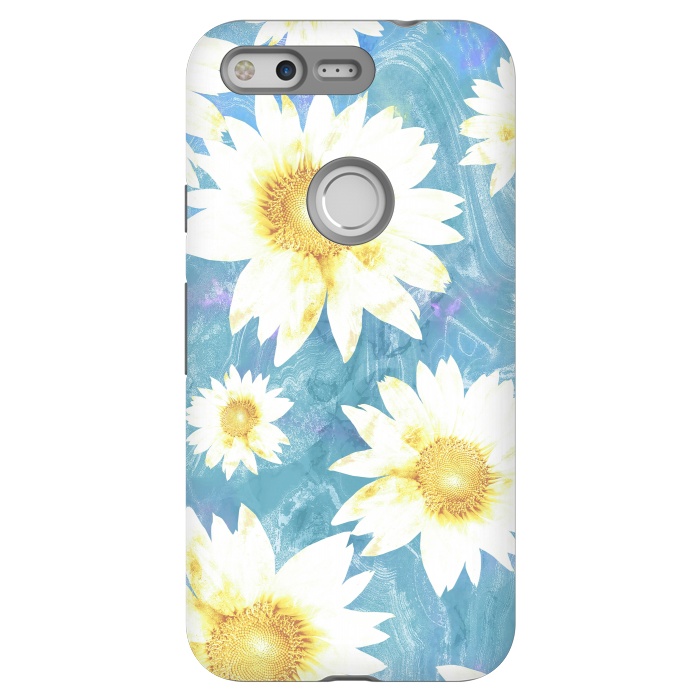 Pixel StrongFit White sunflowers on baby blue marble by Oana 