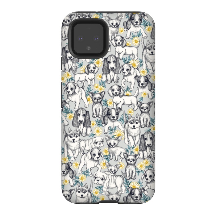 Pixel 4 StrongFit Dogs and Daisies on Grey by Micklyn Le Feuvre