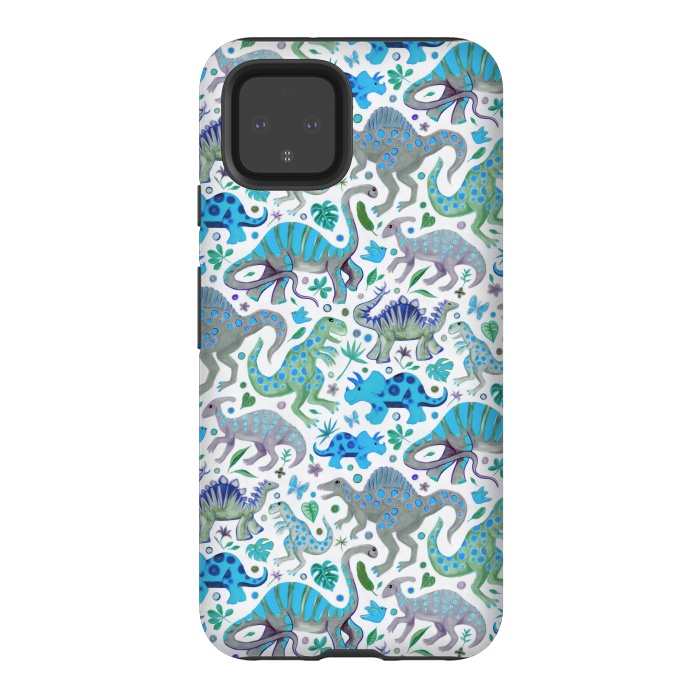 Pixel 4 StrongFit Happy Dinos in blue and green by Micklyn Le Feuvre