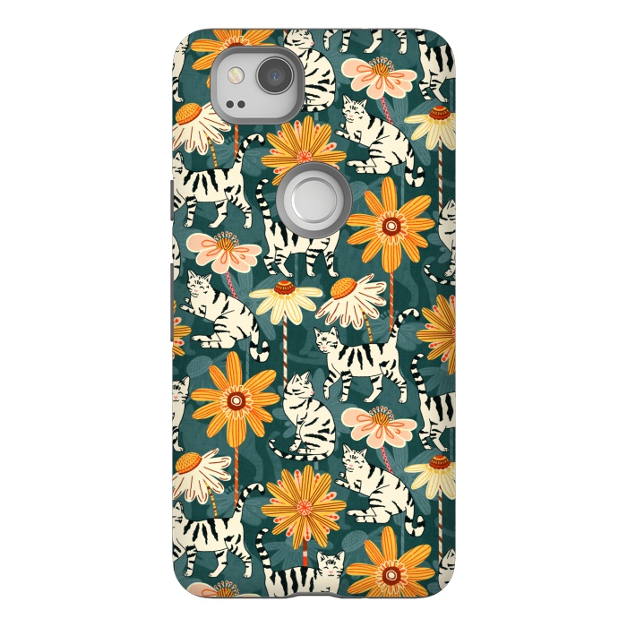 Pixel 2 StrongFit Daisy Cats - Teal by Tigatiga