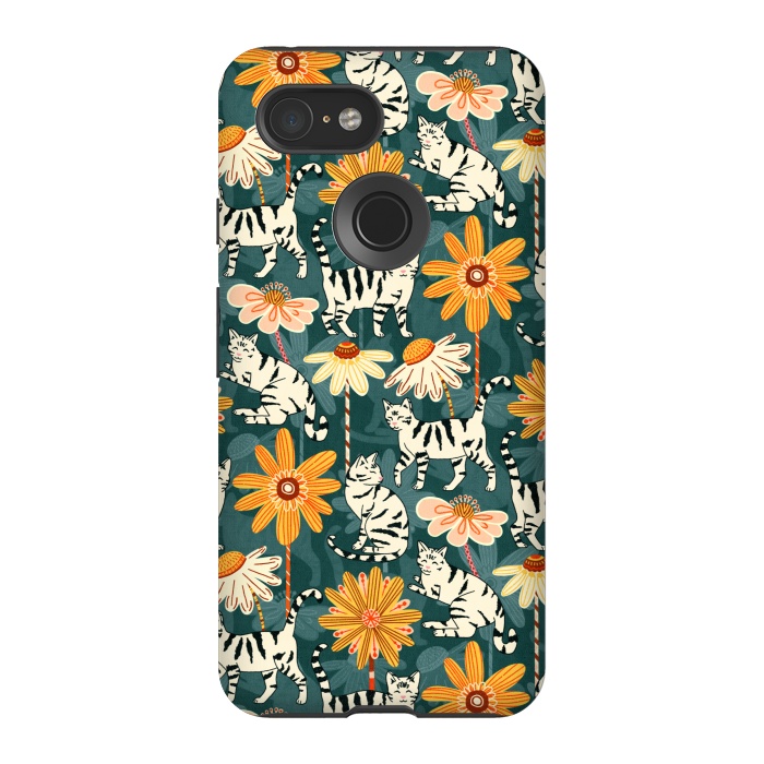 Pixel 3 StrongFit Daisy Cats - Teal by Tigatiga