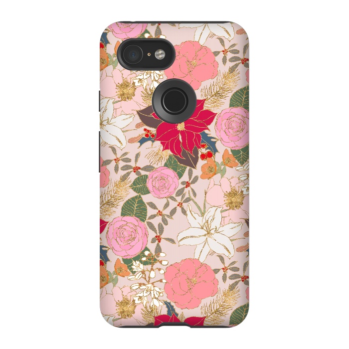 Pixel 3 StrongFit Elegant Golden Strokes Colorful Winter Floral by InovArts