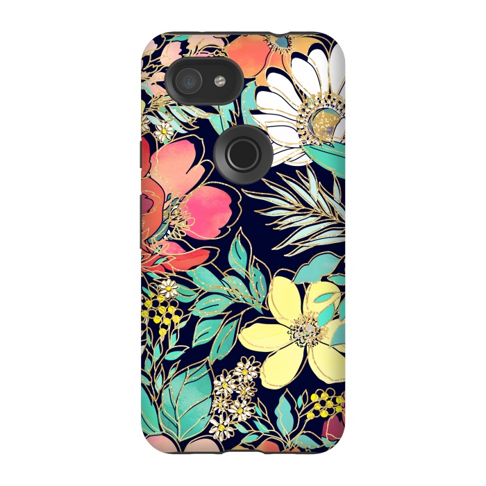 Pixel 3A StrongFit Cute girly pink floral golden strokes design by InovArts