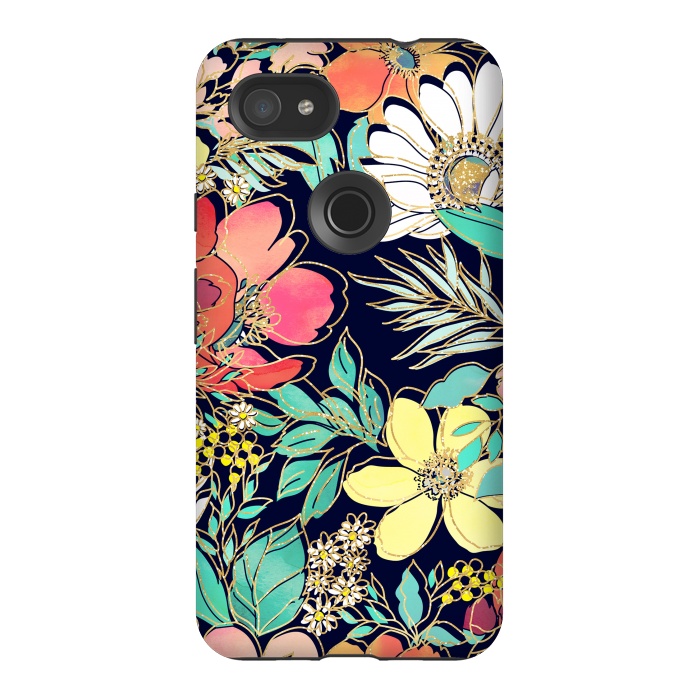 Pixel 3AXL StrongFit Cute girly pink floral golden strokes design by InovArts