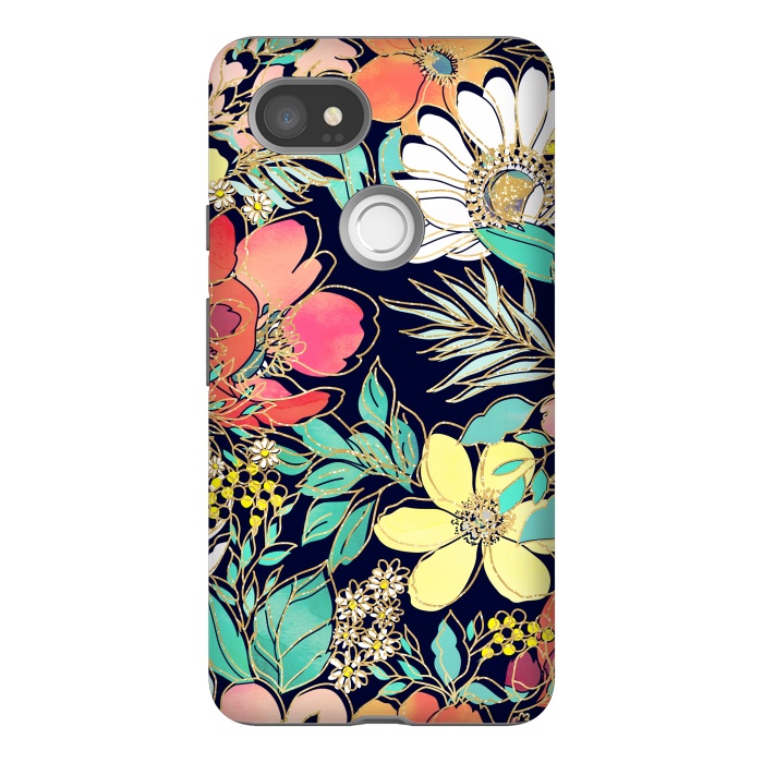 Pixel 2XL StrongFit Cute girly pink floral golden strokes design by InovArts