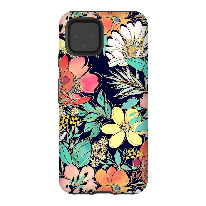 Pixel 4 StrongFit Cute girly pink floral golden strokes design by InovArts