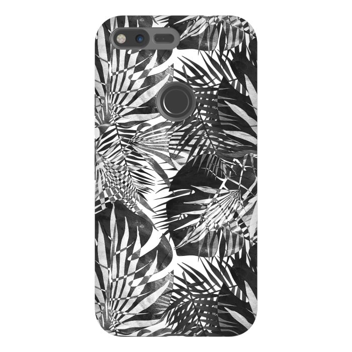 Pixel XL StrongFit Black and white tropical leaves illusion by Oana 