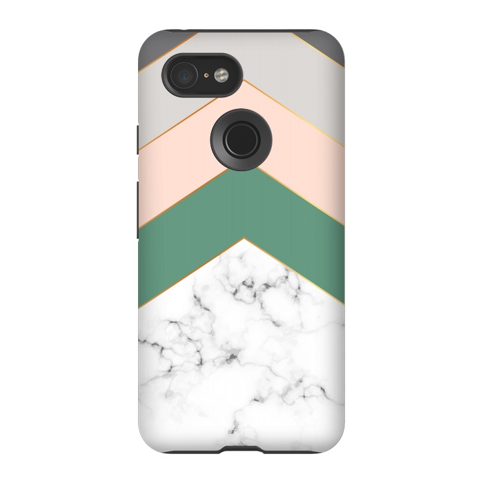 Pixel 3 StrongFit Green Rose and Gray Marble Geometric Design with gold lines by ArtsCase