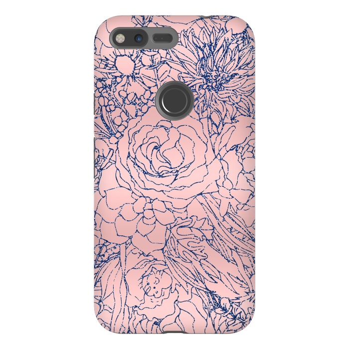 Pixel XL StrongFit Stylish Metallic Navy Blue and Pink Floral Design by InovArts