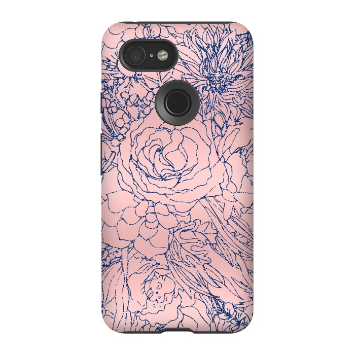 Pixel 3 StrongFit Stylish Metallic Navy Blue and Pink Floral Design by InovArts