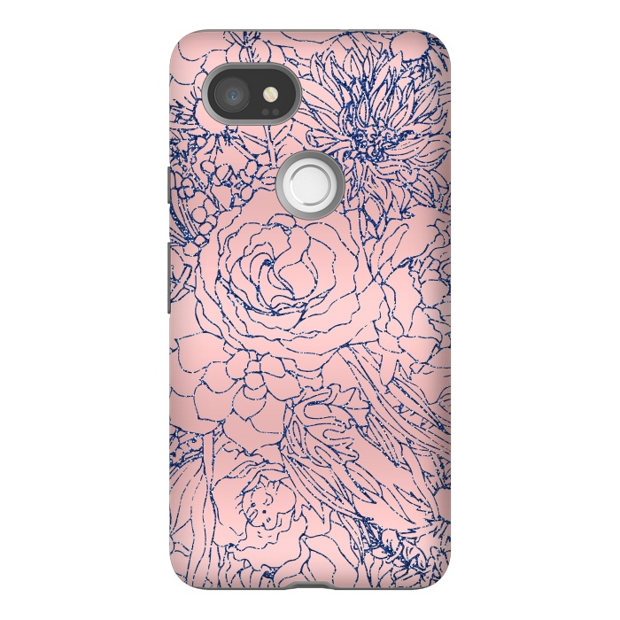 Pixel 2XL StrongFit Stylish Metallic Navy Blue and Pink Floral Design by InovArts