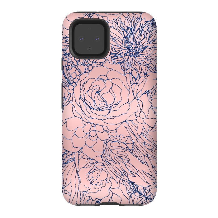 Pixel 4 StrongFit Stylish Metallic Navy Blue and Pink Floral Design by InovArts