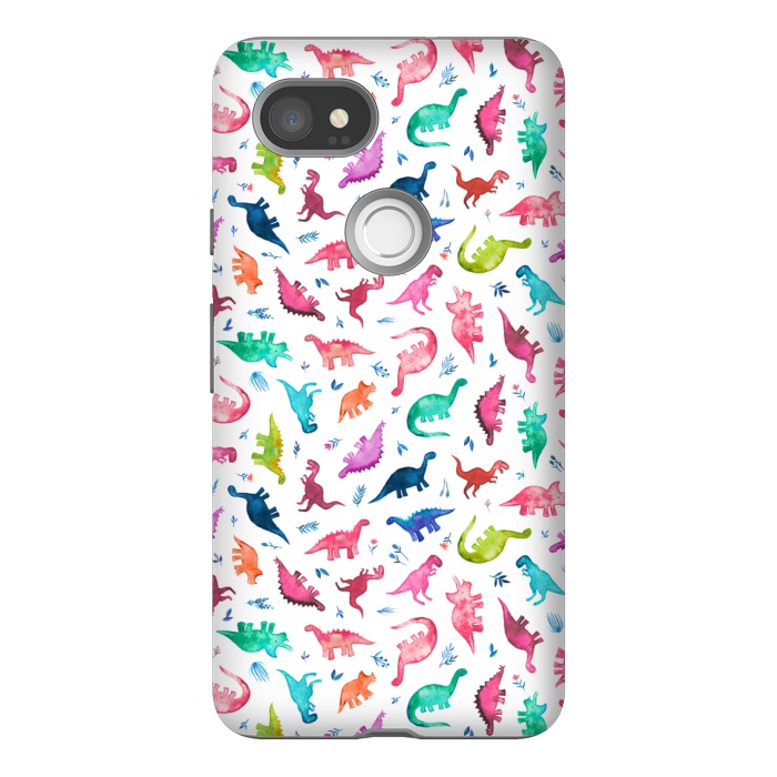 Pixel 2XL StrongFit Tiny Ditsy Watercolor Dinosaurs in Rainbow Colors by Micklyn Le Feuvre