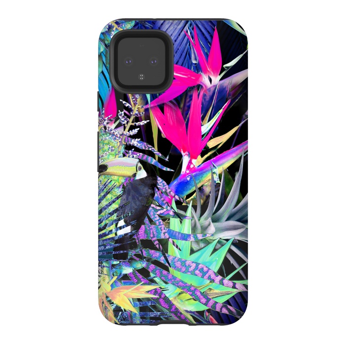 Pixel 4 StrongFit Colorful neon toucan and strelitzia jungle pattern by Oana 