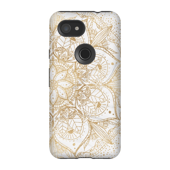 Pixel 3A StrongFit Trendy Gold Floral Mandala Marble Design by InovArts