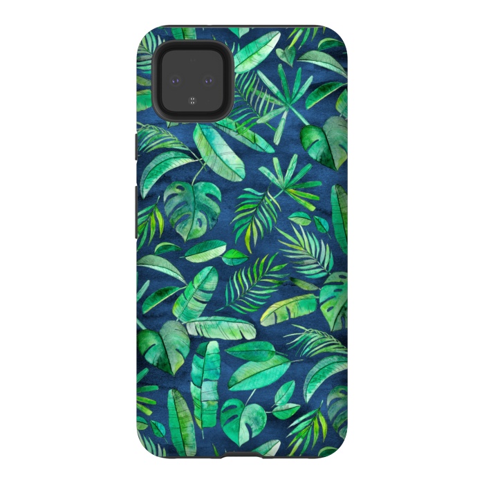 Pixel 4XL StrongFit Emerald Tropical Leaf Scatter on textured Navy Blue by Micklyn Le Feuvre