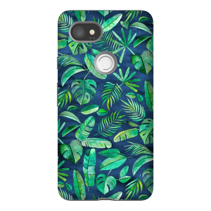 Pixel 2XL StrongFit Emerald Tropical Leaf Scatter on textured Navy Blue by Micklyn Le Feuvre