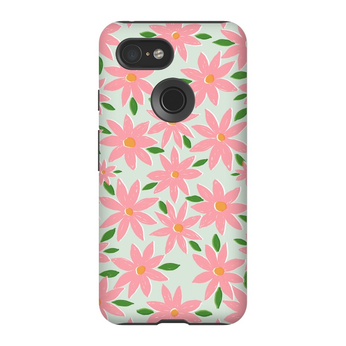 Pixel 3 StrongFit Pretty Hand Paint Pink Daisy Flowers Mint Design by InovArts