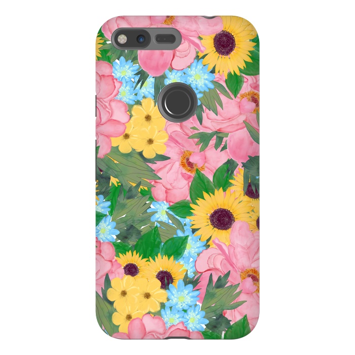 Pixel XL StrongFit Trendy Pink Peonies Yellow Sunflowers Watercolor paint by InovArts
