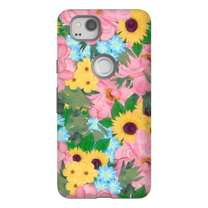 Pixel 2 StrongFit Trendy Pink Peonies Yellow Sunflowers Watercolor paint by InovArts