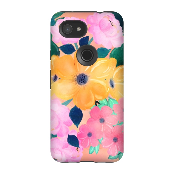 Pixel 3A StrongFit Trendy Pink Peonies Yellow Sunflowers Watercolor paint by InovArts
