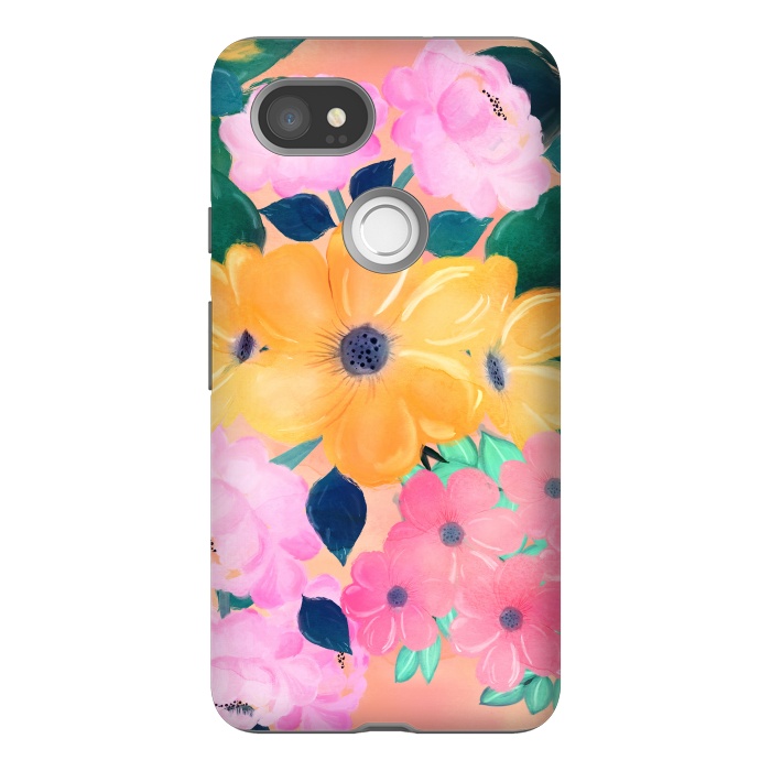 Pixel 2XL StrongFit Trendy Pink Peonies Yellow Sunflowers Watercolor paint by InovArts