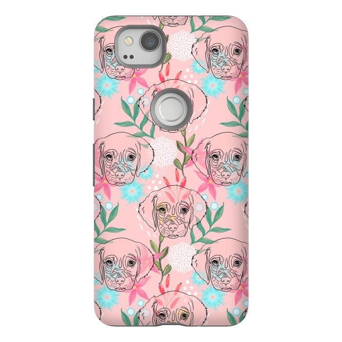 Pixel 2 StrongFit Cute Puppy Dog and Flowers Pink Creative Art by InovArts