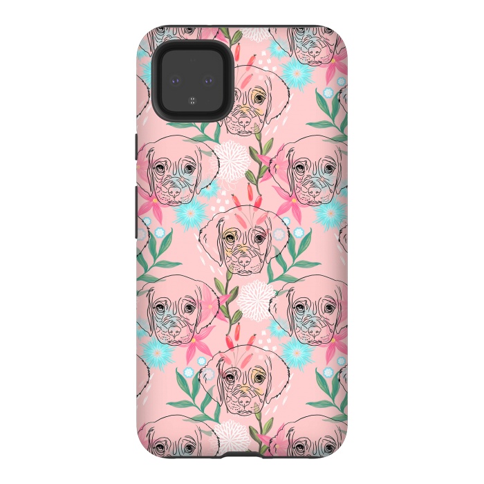 Pixel 4XL StrongFit Cute Puppy Dog and Flowers Pink Creative Art by InovArts