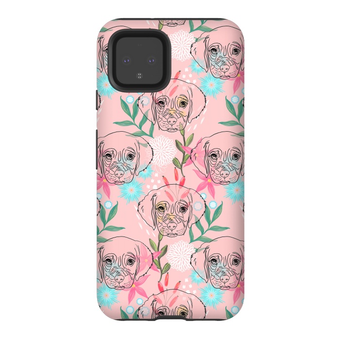 Pixel 4 StrongFit Cute Puppy Dog and Flowers Pink Creative Art by InovArts